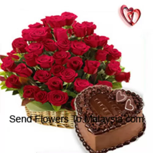 A Beautiful Arrangement Of 50 Red Roses Along With 1 Kg Heart Shaped Chocolate Cake