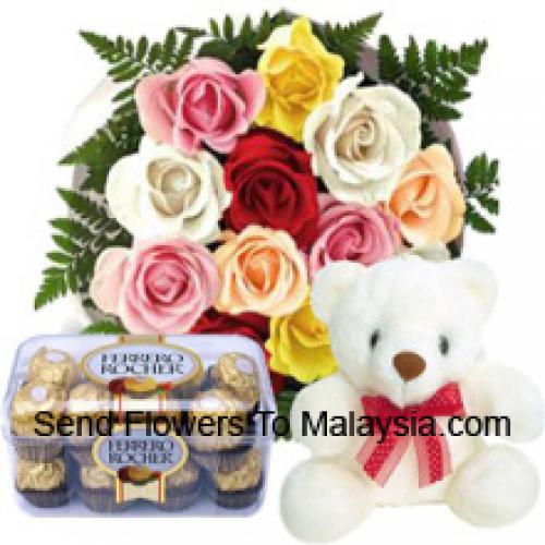 12 Roses Mixtes avec un Mignon Teddy et des Chocolats