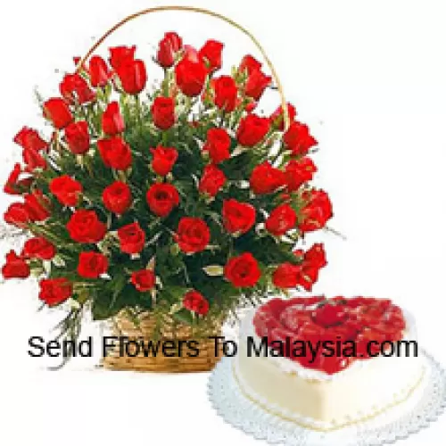 A Beautiful Basket Of 50 Red Roses With Seasonal Fillers And A 1 Kg Heart Shaped Vanilla Cake