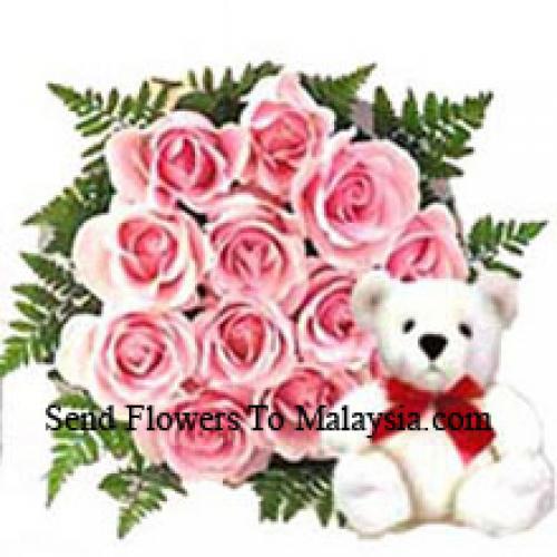 12 Roses roses roses avec un ours en peluche de 12 pouces