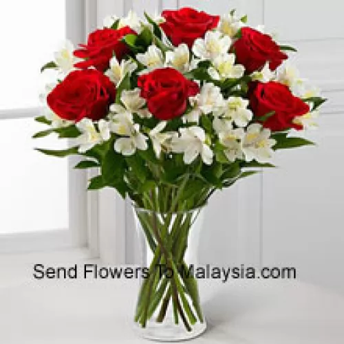 玻璃花瓶中的6朵红玫瑰与各种白色花朵和填充物
