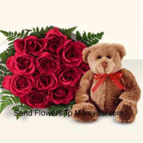 12 Roses rouges avec mignon ours en peluche brun