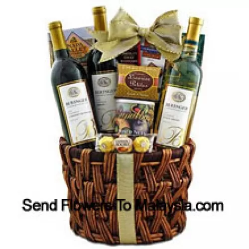 This Gift Basket includes Beringer California Collection Cabernet Sauvignon Red Wine, Beringer California Collection Merlot Red Wine, Beringer California Collection Pinot Grigio White Wine, Ghirardelli chocolate, Ferrero Rocher fine hazelnut chocolates, Napa Valley honey mustard sourdough nuggets, Cashew Roca buttercrunch toffee with chocolate and cashews, Rademaker raspberry chocolate sticks, JM Morgans licorice petites And Fancy mixed nuts in a gift tin. (Contents of basket including wine may vary by season and delivery location. In case of unavailability of a certain product we will substitute the same with a product of equal or higher value)