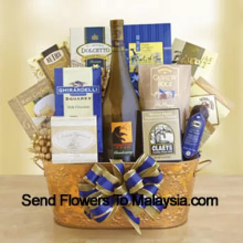 This Gift Basket features a bottle of Oaky Chardonnay  and the generous list of gourmet goodies includes: Dolcetto cookies, Ghirardelli chocolate squares, Three Pepper water crackers, Biscoff cookies, English tea cookies, Cashew Roca, chocolate chip cookies, cheese, cheese sticks, salami and chocolate fudge. (Contents of basket including wine may vary by season and delivery location. In case of unavailability of a certain product we will substitute the same with a product of equal or higher value)