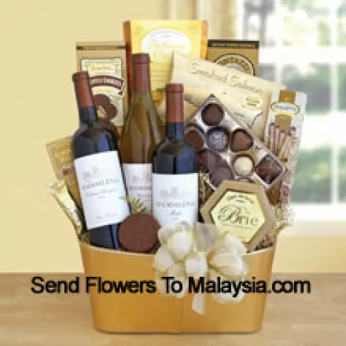 This Gift Basket Includes three bottles of delectable wine – a Cabernet Sauvignon, a Chardonnay and a rich Merlot. The feast continues with smoked salmon, Primo Dolce truffle cookies, Ghirardelli Masterpiece chocolates, brie cheese, flatbread crisps, Dolcetto cookies and Almond Roca. (Contents of basket including wine may vary by season and delivery location. In case of unavailability of a certain product we will substitute the same with a product of equal or higher value)