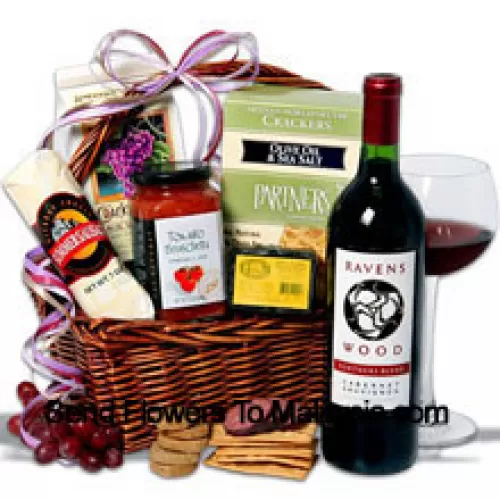 This Father's Day Gift basket includes Ravenswood Cabernet Sauvignon – 750 ml, Hors Doeuvre Deli Style Crackers by Partners, Tomato Bruschetta by Elki, Red Wine Biscuit by American Vintage, Hickory & Maple Smoked Cheese by Sugarbush Farm and Butcher Wrapped Summer Sausage by Sparrer Sausage Co. (Contents of basket including wine may vary by season and delivery location. In case of unavailability of a certain product we will substitute the same with a product of equal or higher value)