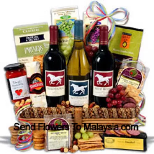 This Gift Basket Includes Wild Horse - Cabernet Sauvignon - 750ml, Wild Horse - Chardonnay - 750ml, Wild Horse - Merlot - 750ml, Hors Doeuvre Deli Style Crackers by Partners, Hickory & Maple Smoked Cheese by Sugarbush Farm, Butcher Wrapped Summer Sausage by Sparrer Sausage Co, Tomato Bruschetta by Elki, Red Wine Biscuit by American Vintage, White Wine Biscuit by American Vintage, Nicoise Olives by Barnier, Cashews and Boulder's Mixed Nuts. (Contents of basket including wine may vary by season and delivery location. In case of unavailability of a certain product we will substitute the same with a product of equal or higher value)