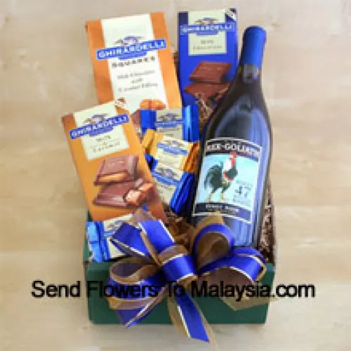 This Gift Basket includes A bottle of fine California Cabernet, Ghirardelli chocolate squares and Ghirardelli chocolate bars in milk and caramel. (Contents of basket including wine may vary by season and delivery location. In case of unavailability of a certain product we will substitute the same with a product of equal or higher value)